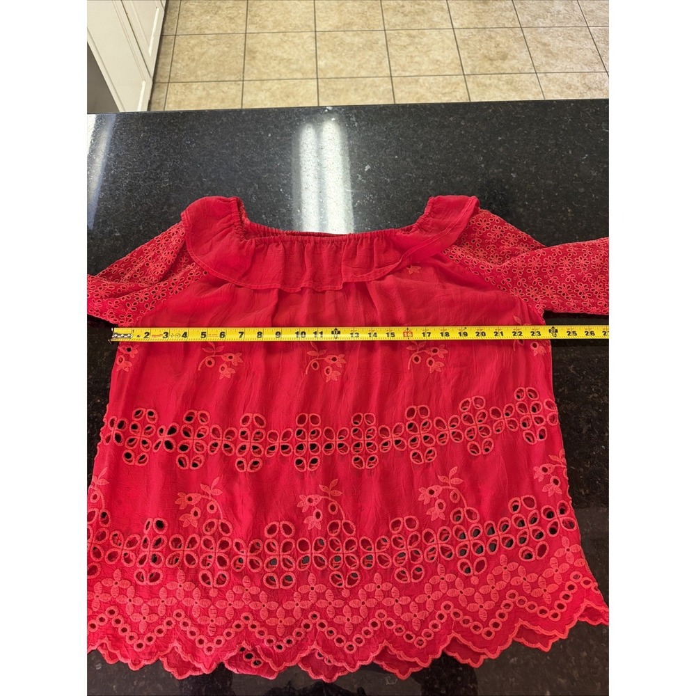Johnny Was Red Blouse Eyelet Embroidered Elastic Sleeve Ruffled S Off Shoulder - Picture 8 of 10